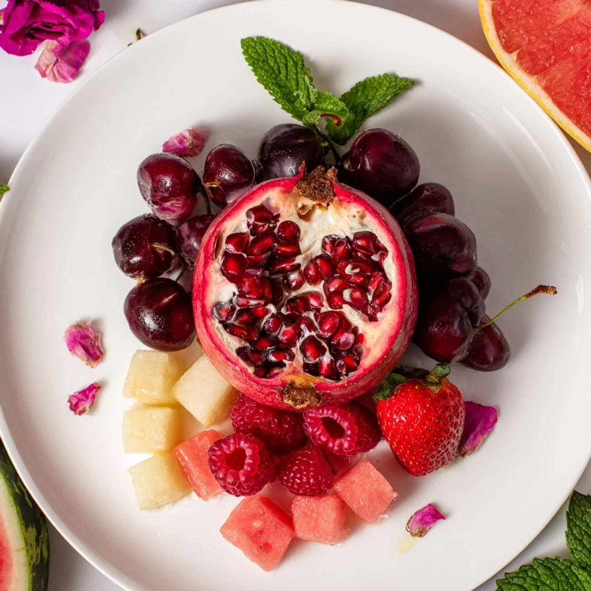 Vibrant The Pomegranate Pivot fruit platter with juicy red, pink, and white fruits artfully displayed.