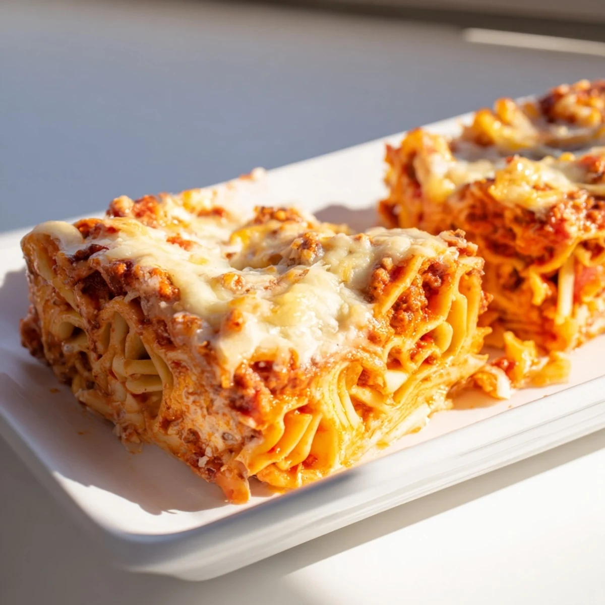 Tinis Baked Spaghetti bubbling with melted cheese and a rich meat sauce, ready to serve.