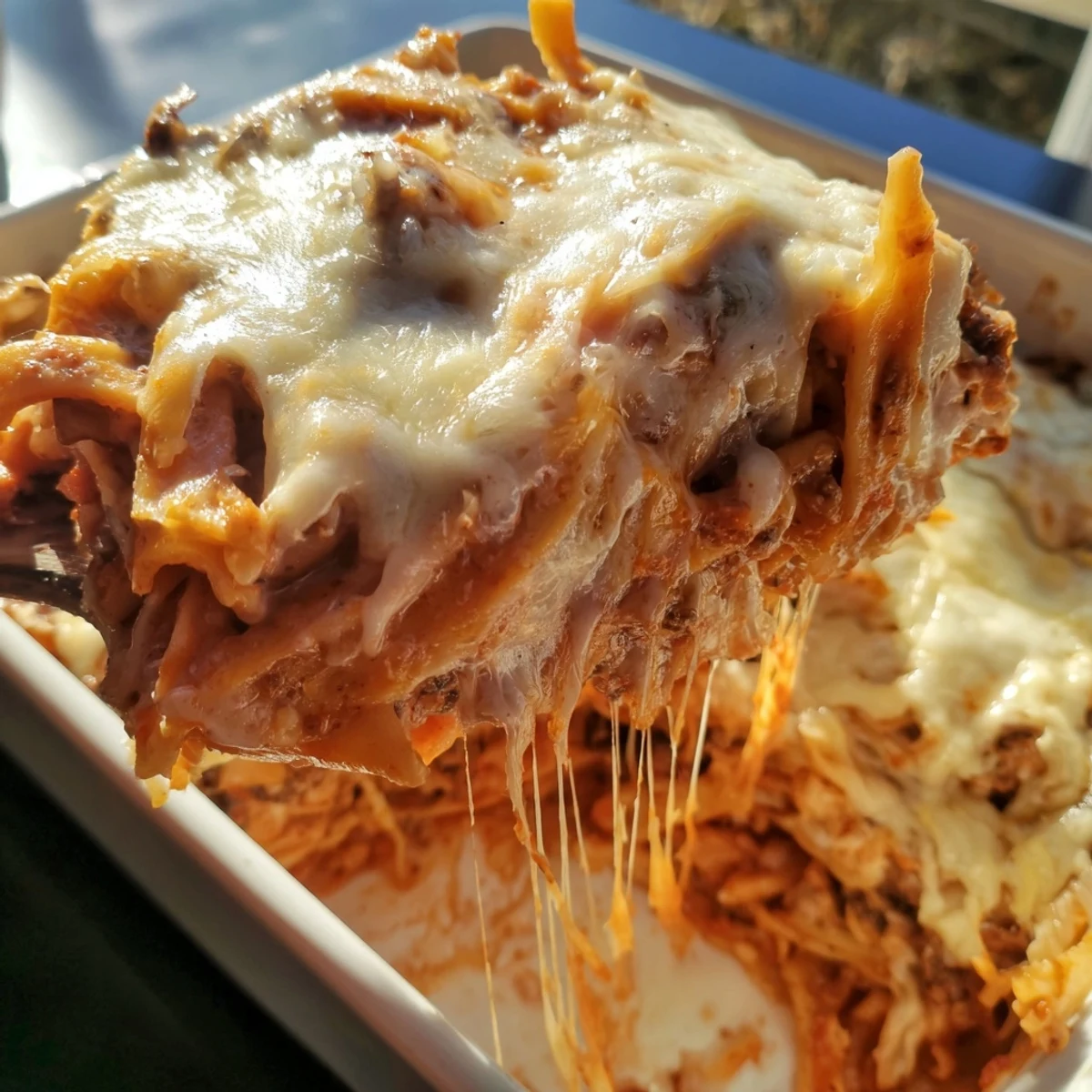 Golden-baked Tinis Baked Spaghetti, a family-favorite casserole with melted cheese topping.