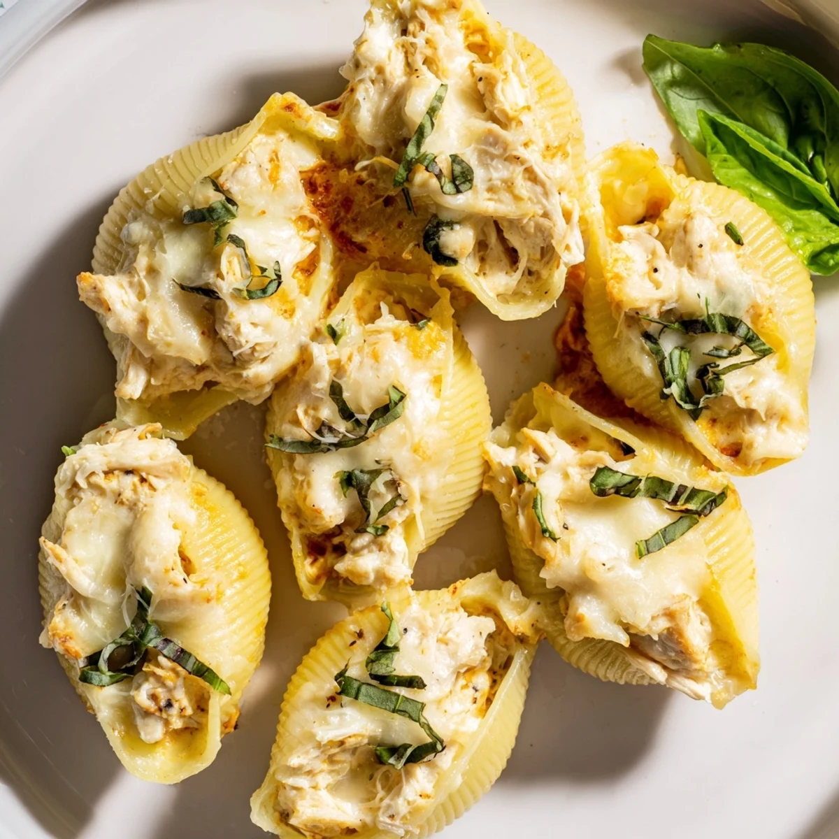 A close-up of Marry Me Chicken Stuffed Shells, pasta filled with chicken and cheese in a rich tomato sauce. 