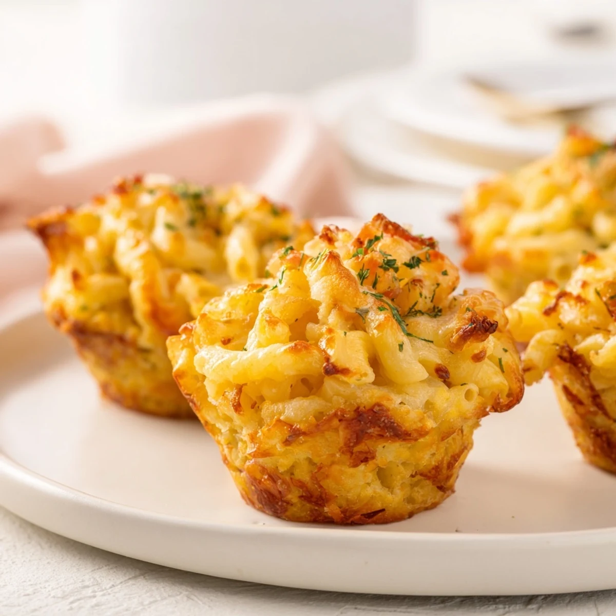 Golden-brown Tinis mac and cheese muffins, topped with crispy breadcrumbs, ready to serve to hungry guests.