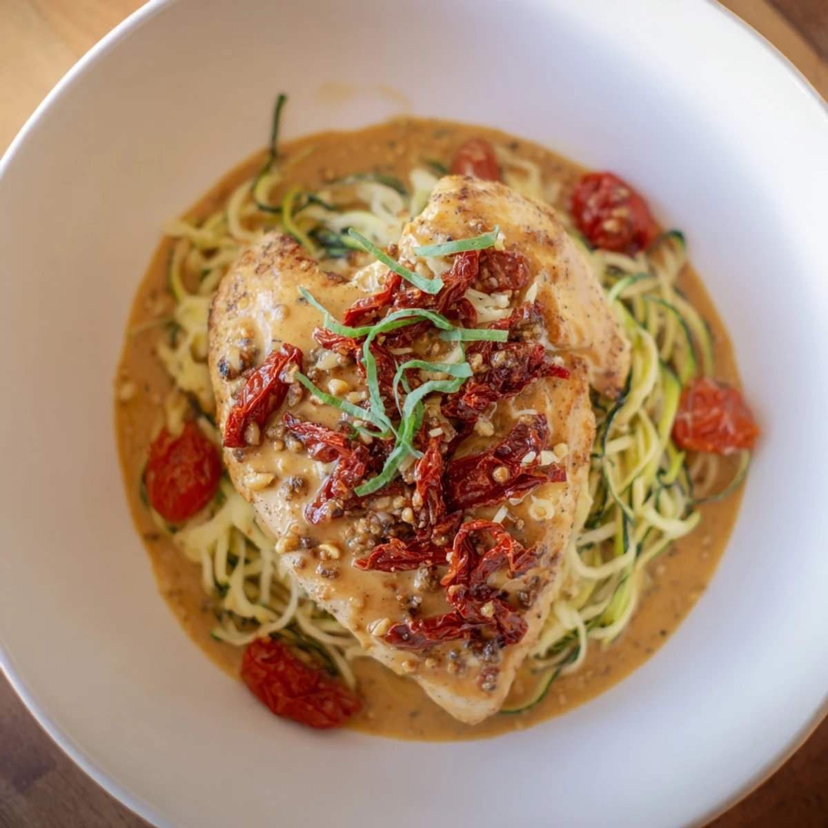 Marry Me Chicken Zoodles: tender chicken in creamy tomato sauce over vibrant zucchini noodles.
