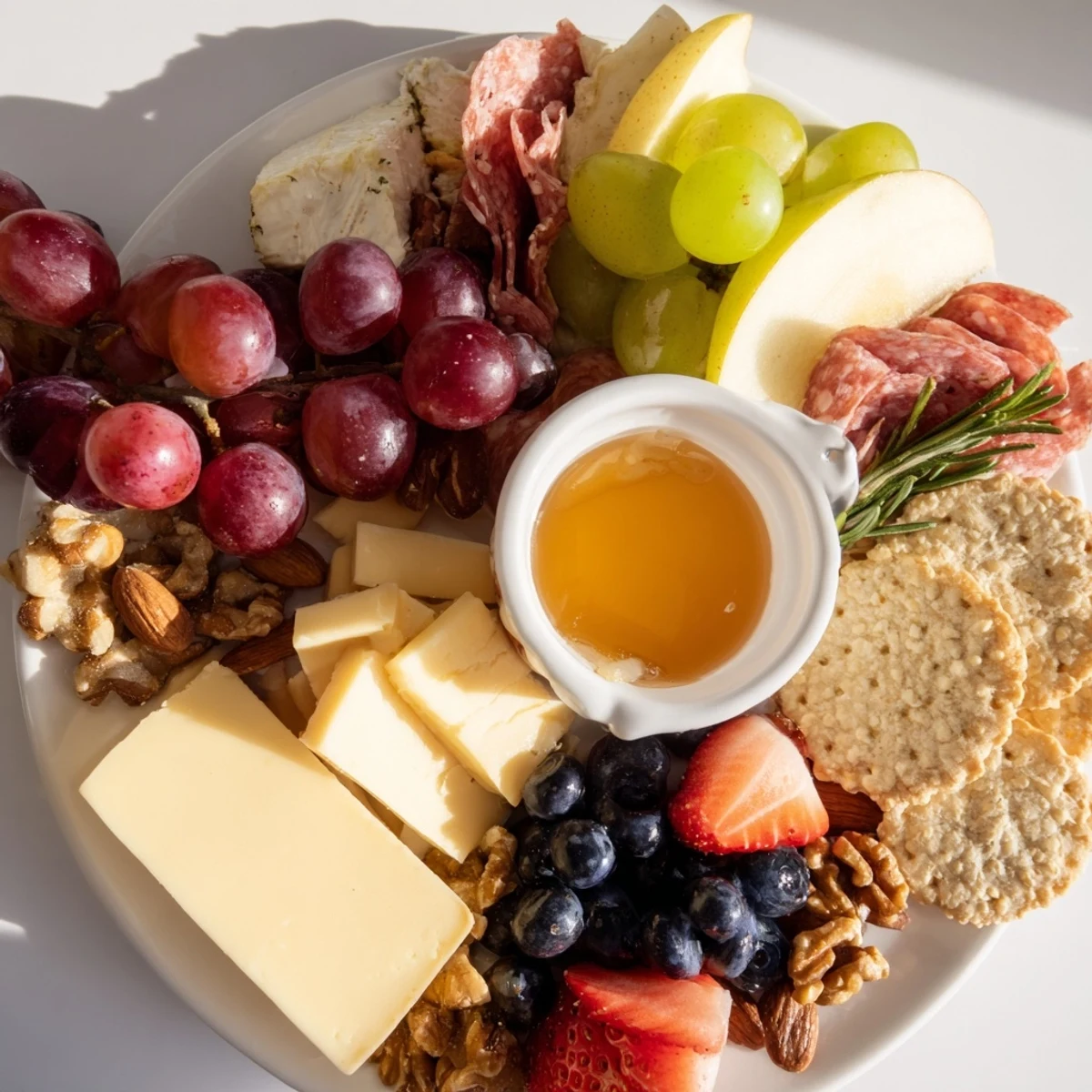 Quick charcuterie snack board with colorful fruit, cheese, and meats, a perfect girl dinner.