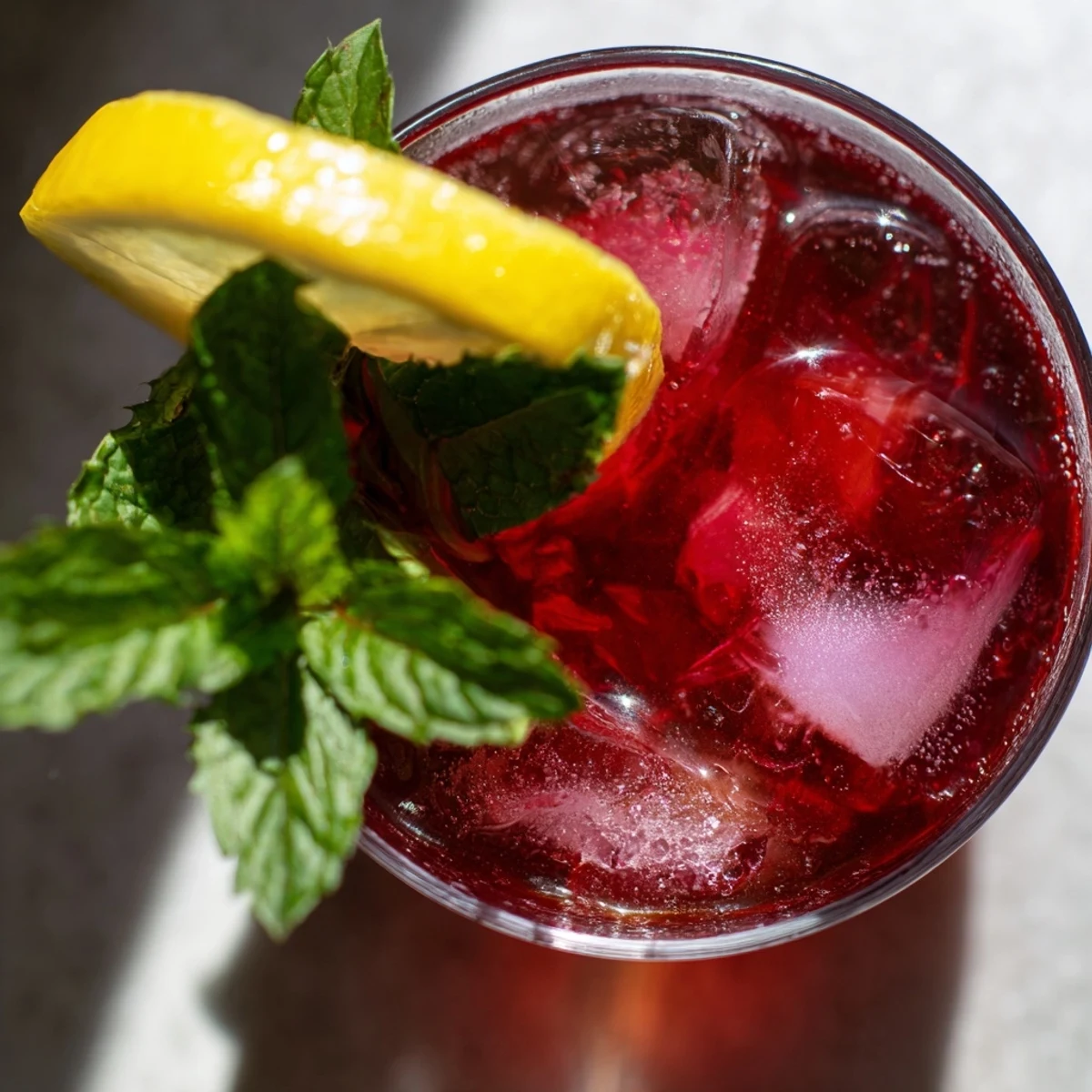 Sleepy Girl Cherry Mocktail, a vibrant pink drink in a glass with a mint sprig, refreshing and delicious.