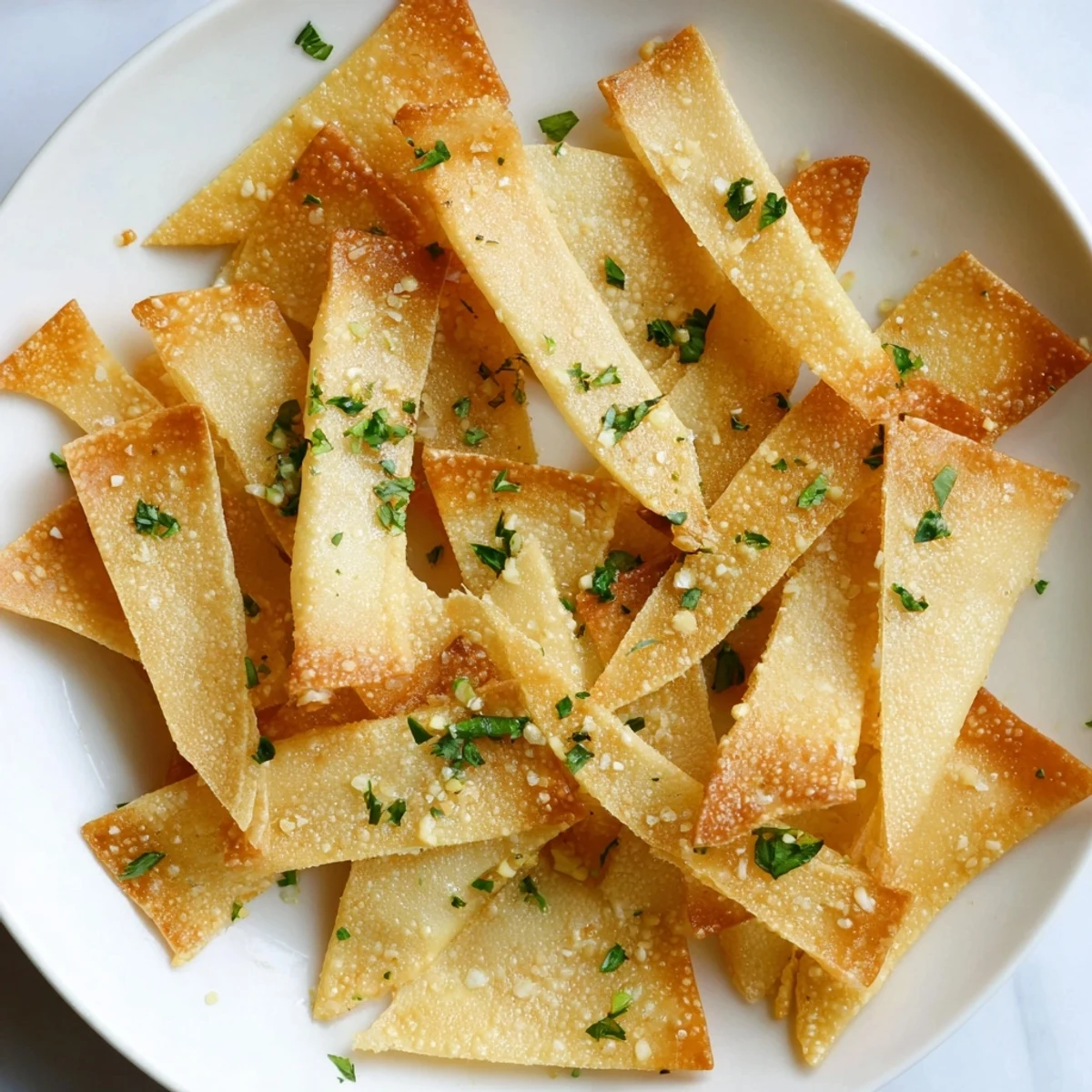 Freshly made crispy garlic lumpia chips, with parsley garnish, offering a savory and flavorful snack.