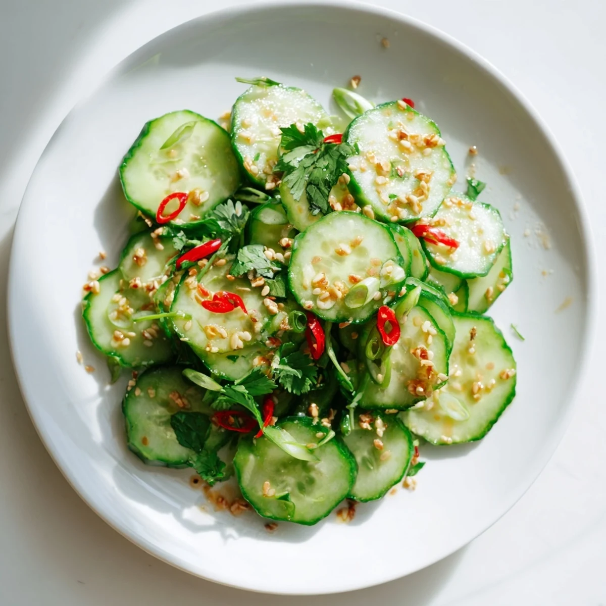 Refreshing Tangy Shaken Asian-Style Cucumber Salad, perfect for a quick and light vegan meal, ready to eat!