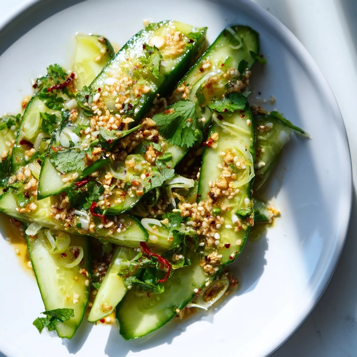 A bright bowl filled with Tangy Shaken Asian-Style Cucumber Salad, showcasing its fresh, flavorful ingredients and textures.