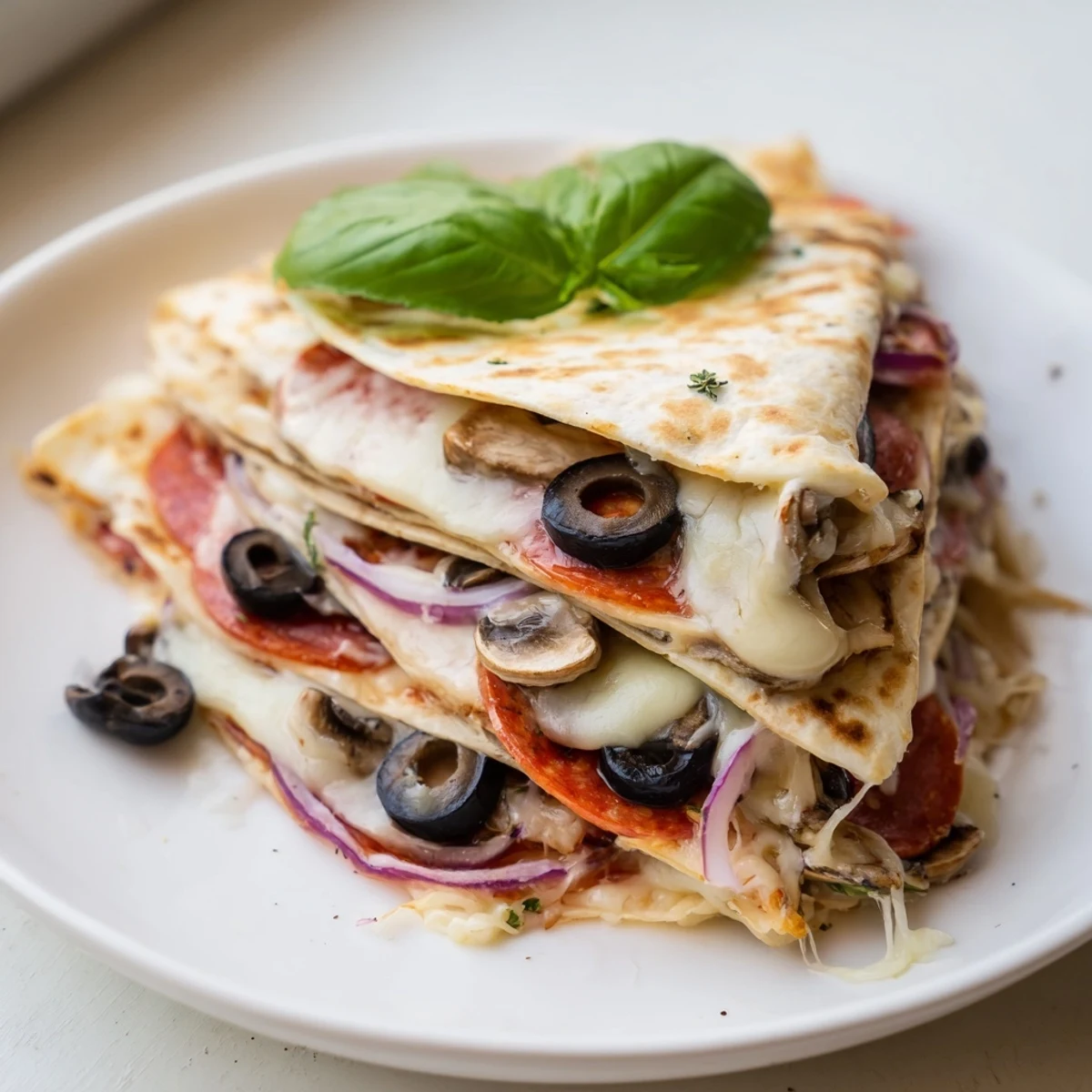 Folded Cheesy Tortilla Pizza Wrap filled with pizza sauce, ready to eat, served hot from the skillet.