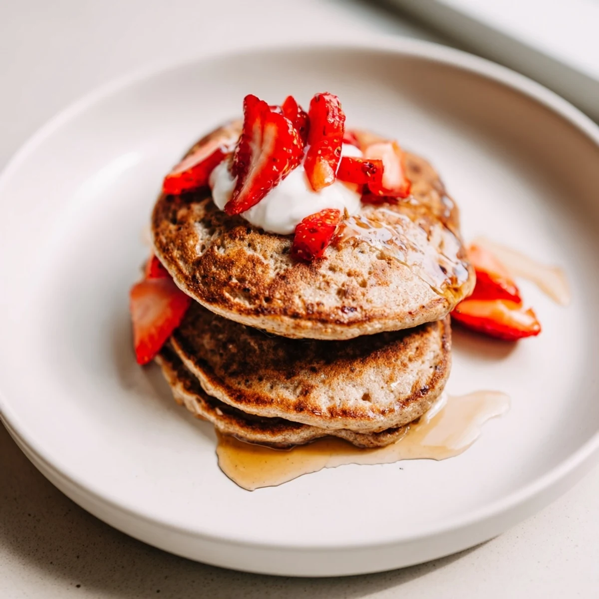 Golden-brown Protein Banana Pancakes, light and fluffy, ready for fresh fruit and syrup.