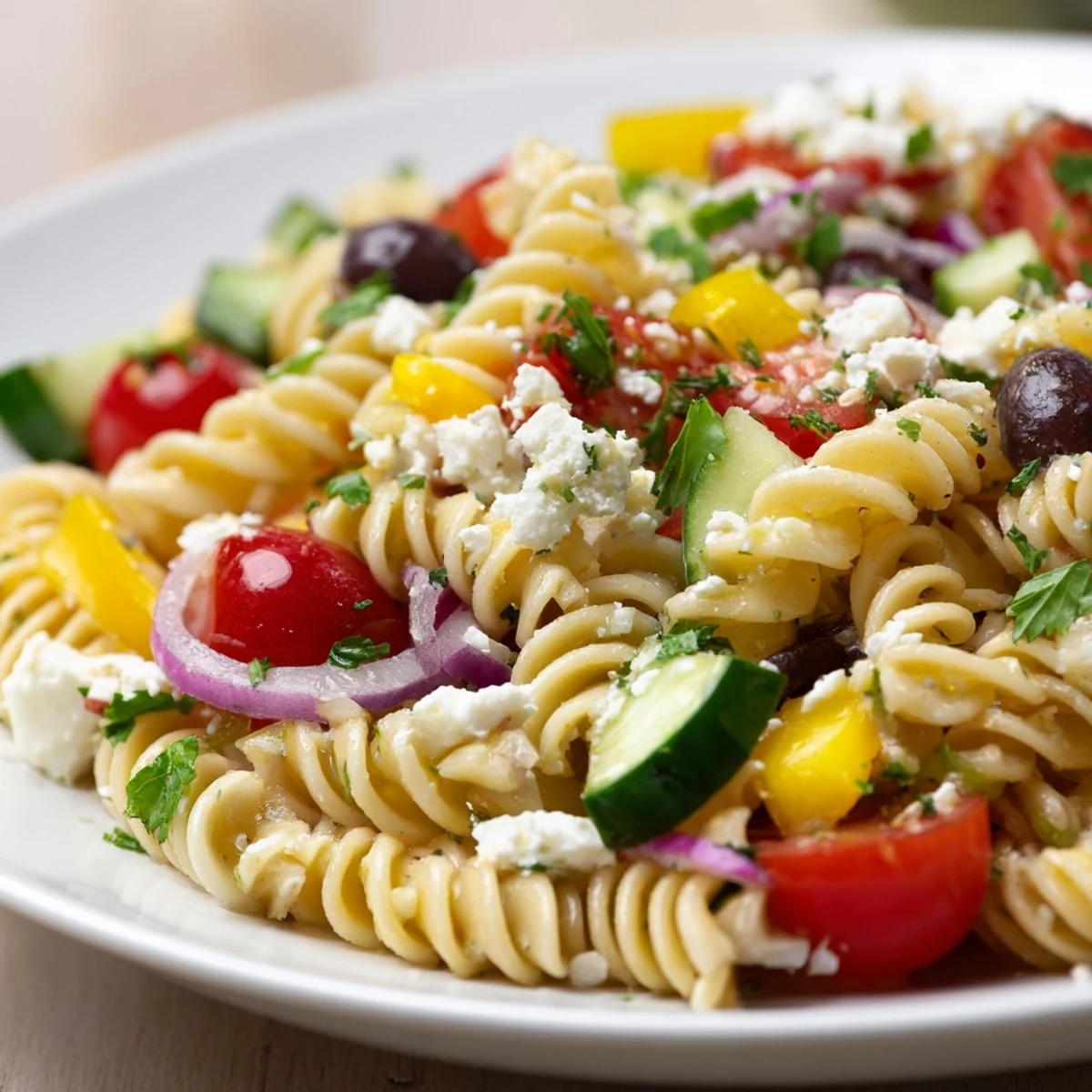 Vibrant lemon pasta salad with fresh herbs and a bright, zesty dressing, perfect for picnics.