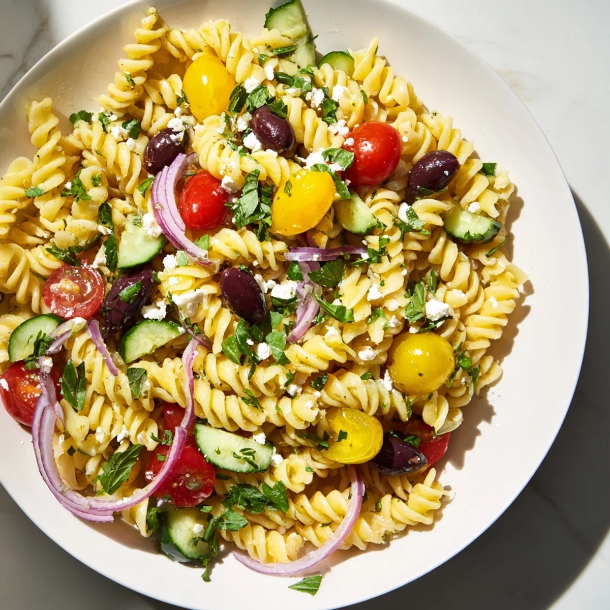 Close-up of refreshing lemon pasta salad, tossed with a tangy dressing and ready to serve.