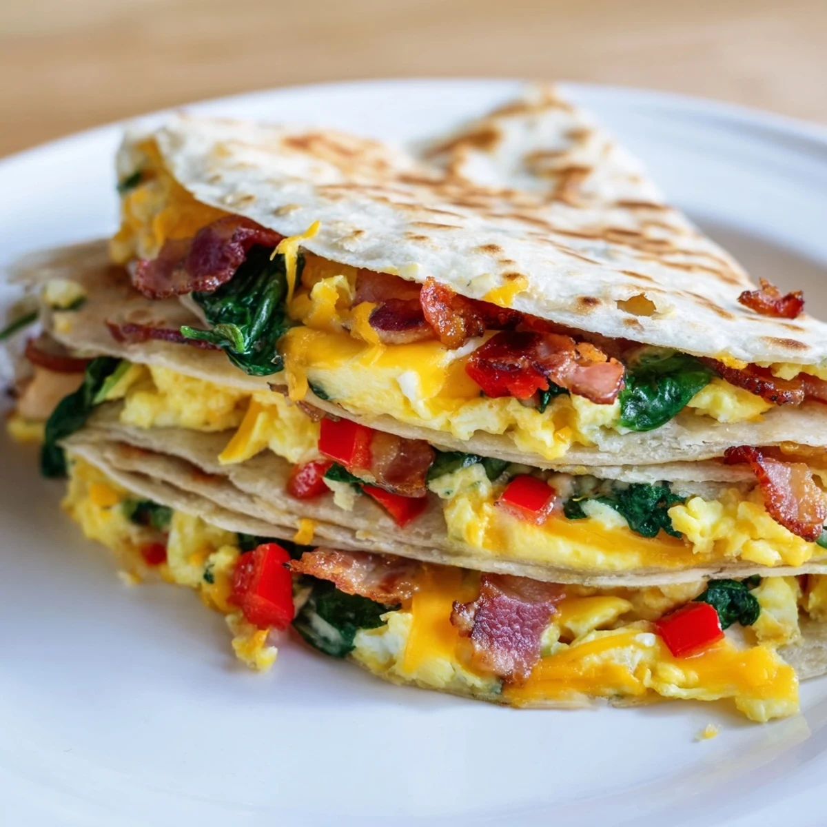 Golden-brown, folded Breakfast Quesadilla brimming with cheese, eggs, and bacon for a hearty breakfast.