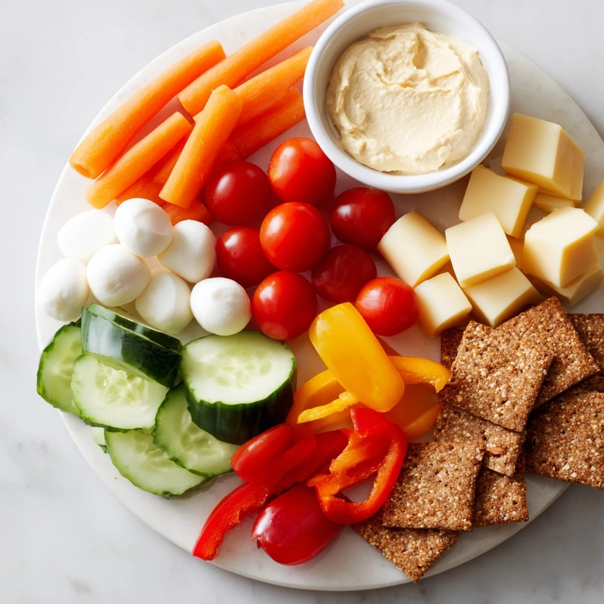 A colorful Veggie Snack Board–Adult Lunchable, brimming with fresh veggies, cheeses, and crunchy crackers for a delightful lunch.