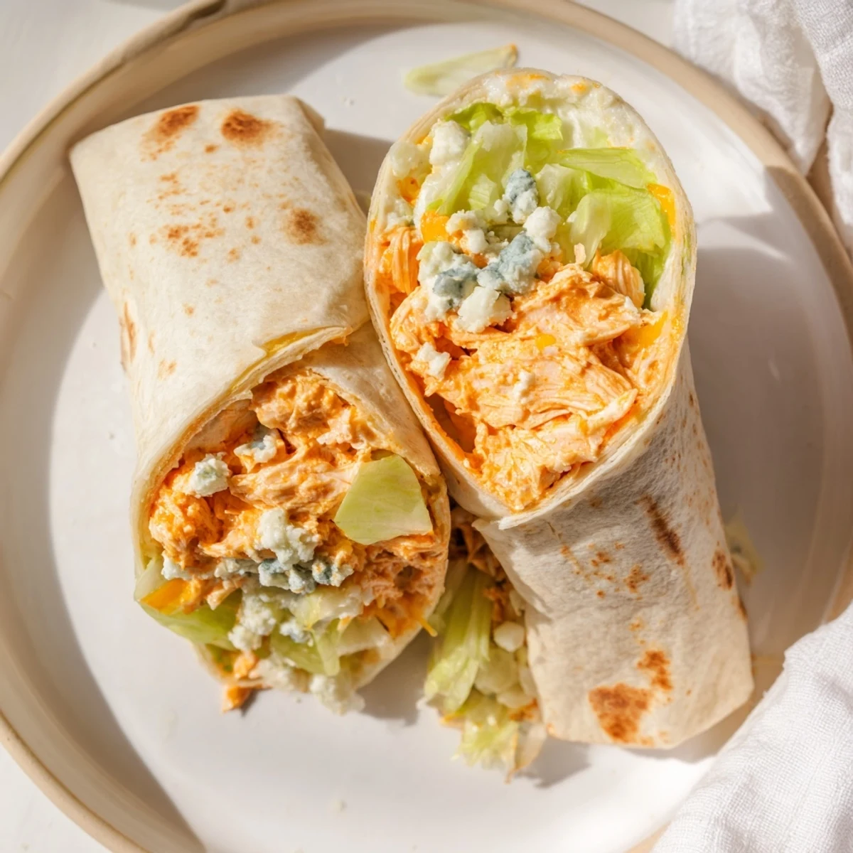 Warm and satisfying buffalo chicken dip wrap, filled with creamy, tangy chicken and fresh veggies, ready to eat.