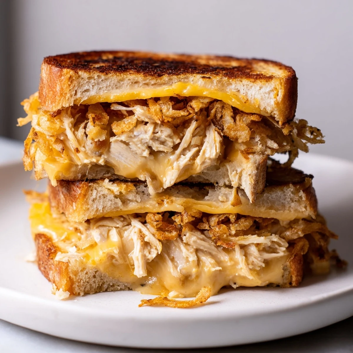 Golden, cheesy Crispy Shallot Chicken Grilled Cheese, showing layers of chicken and melted cheese.