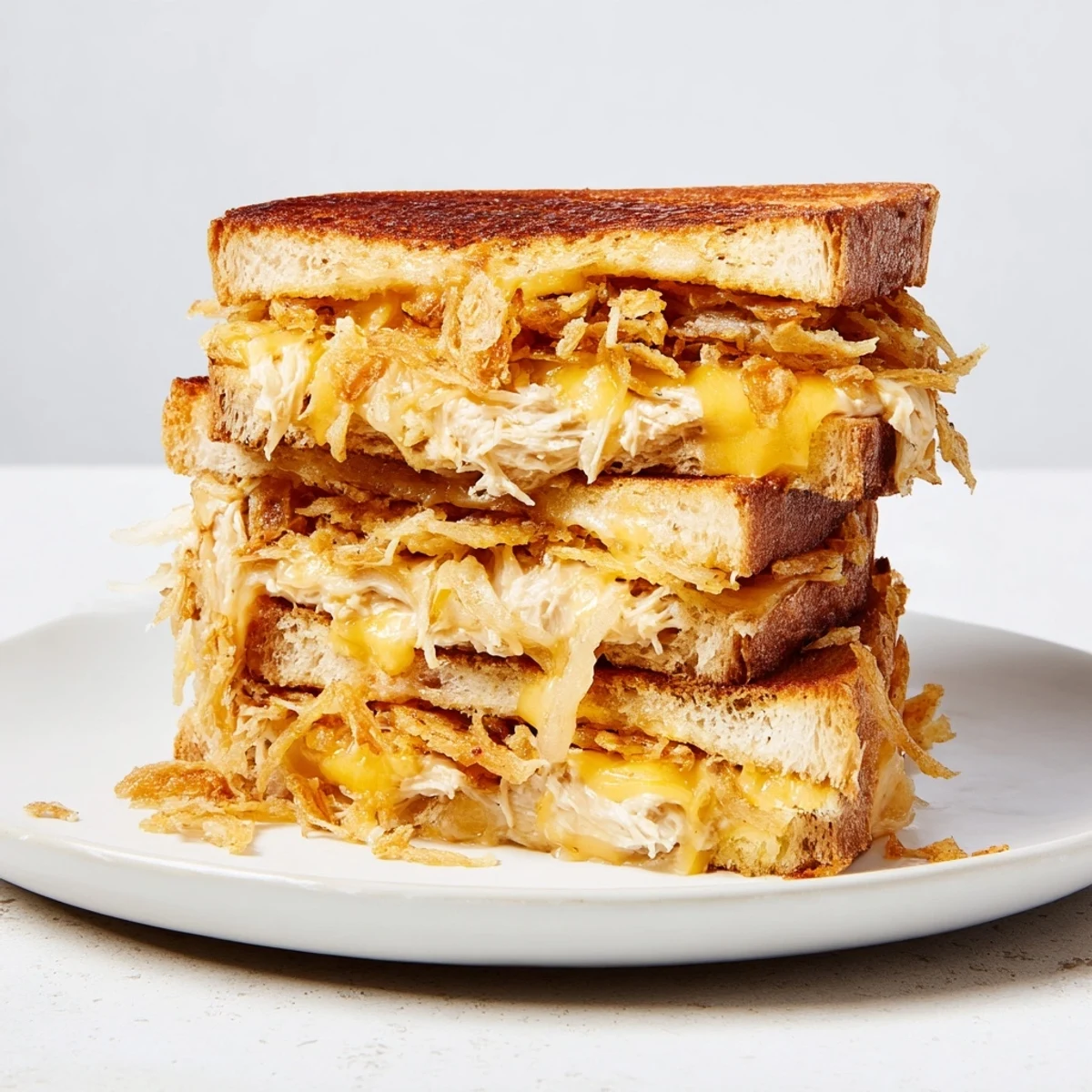 Gooey cheese oozing from the Crispy Shallot Chicken Grilled Cheese, an irresistible, hearty sandwich.