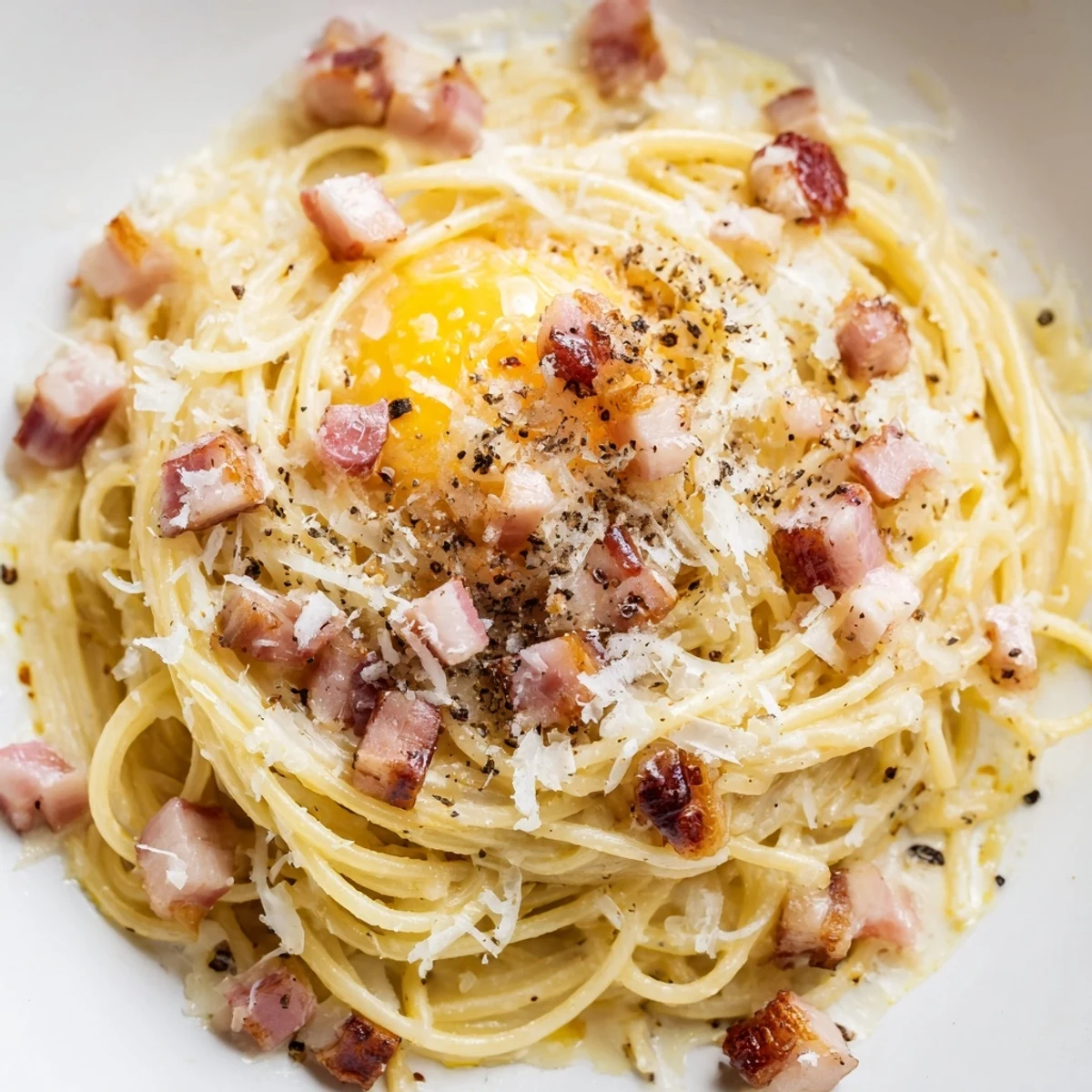 Express Spaghetti Carbonara: Creamy pasta coated in a silky egg sauce, bacon crumbles, and grated Parmesan.