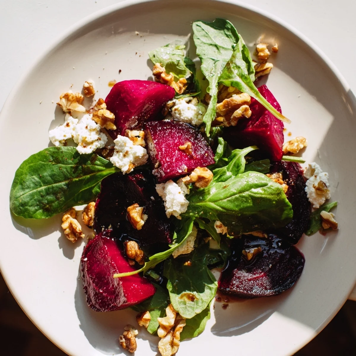 This Beet and Goat Cheese Salad features sweet roasted beets, creamy goat cheese, and crunchy walnuts.