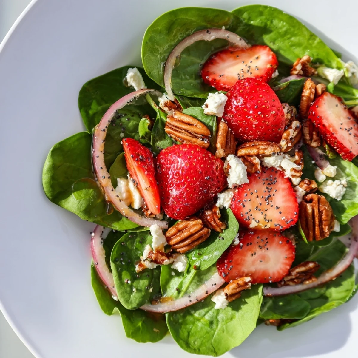 Beautiful spinach strawberry salad served, showing vibrant red strawberries atop fresh green spinach.
