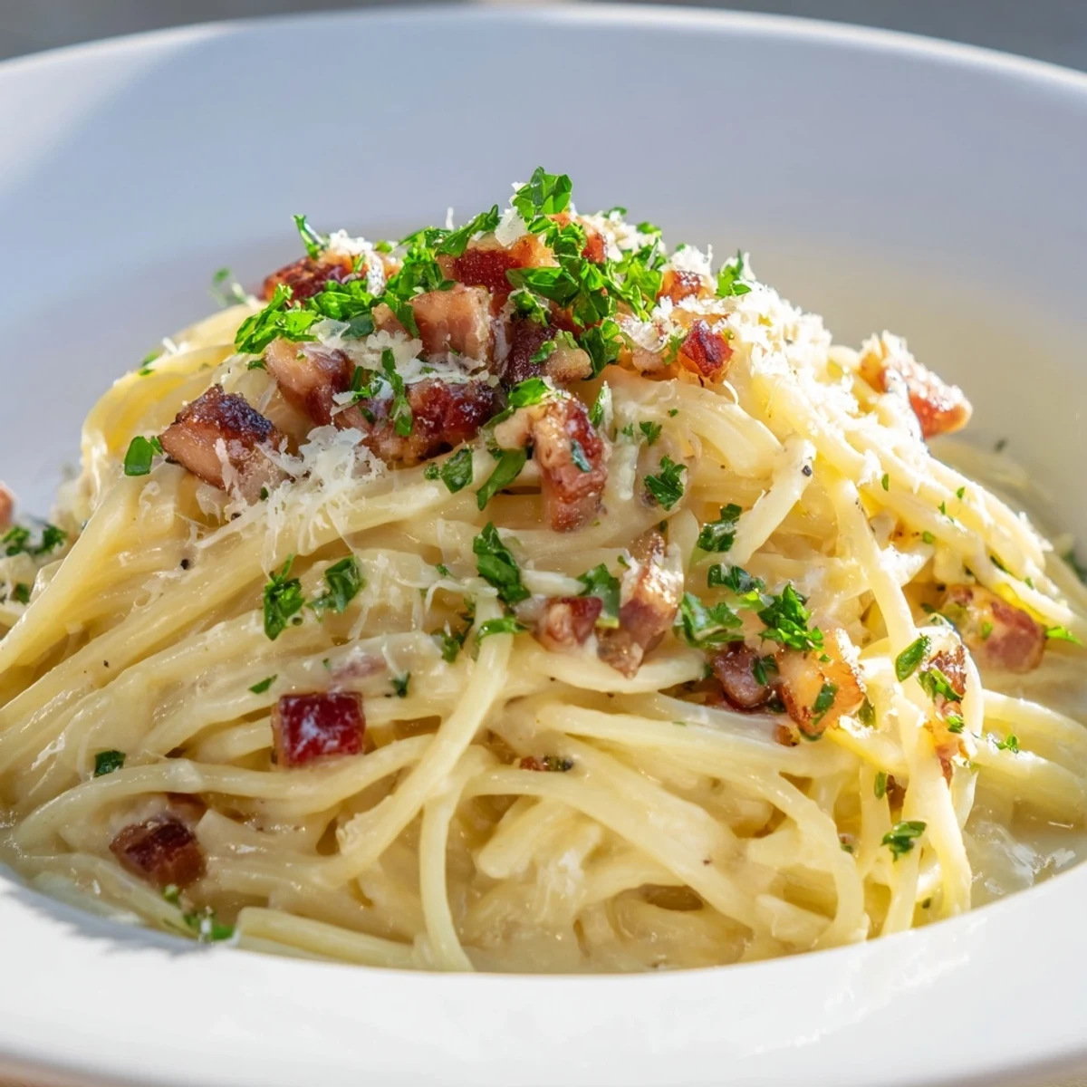 Close-up of Creamy Garlic Bacon Pasta: perfectly cooked pasta coated in a cheesy, garlic-infused sauce with bacon.