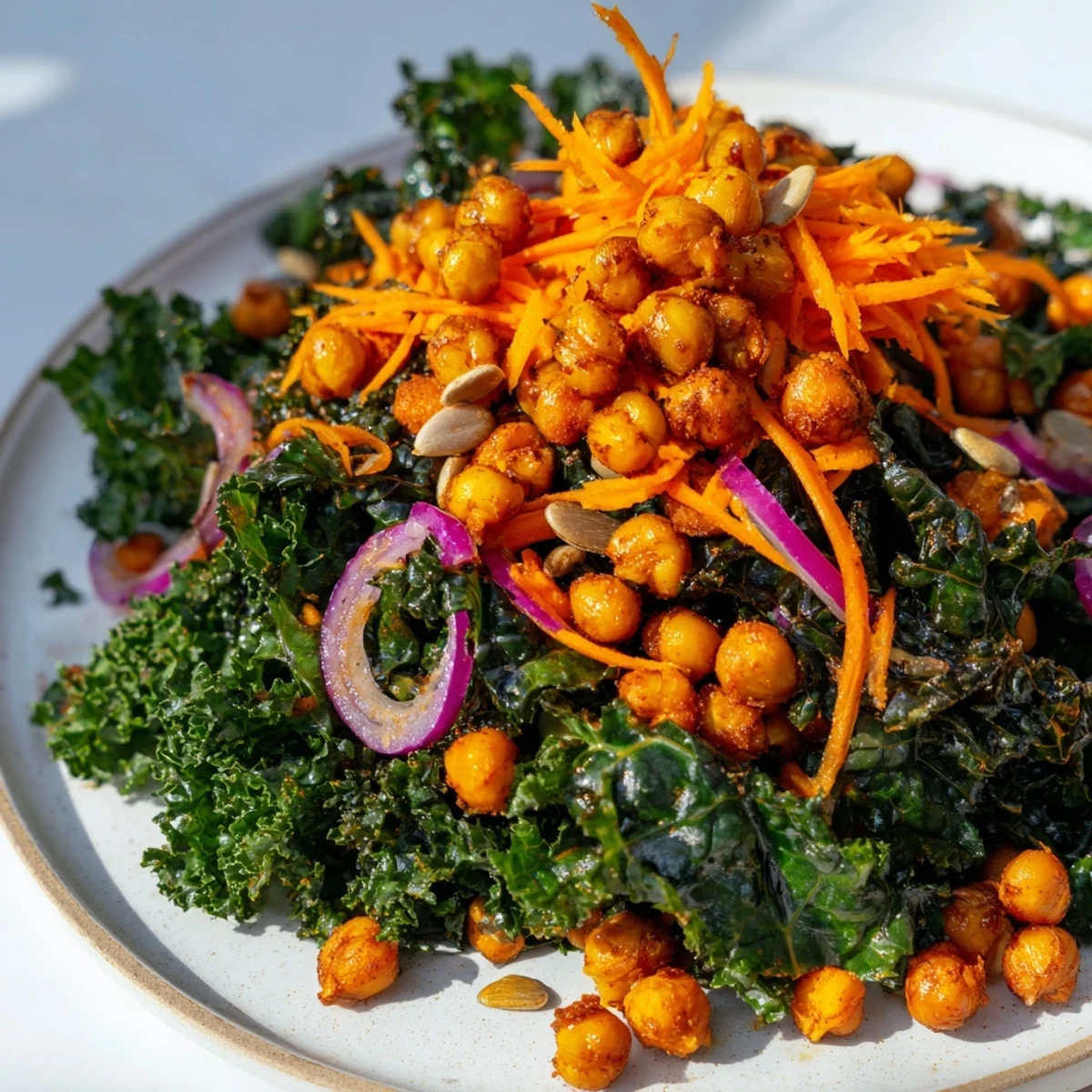 This delicious kale salad with roasted chickpeas features tender, massaged kale and crunchy spiced chickpeas ready to eat.
