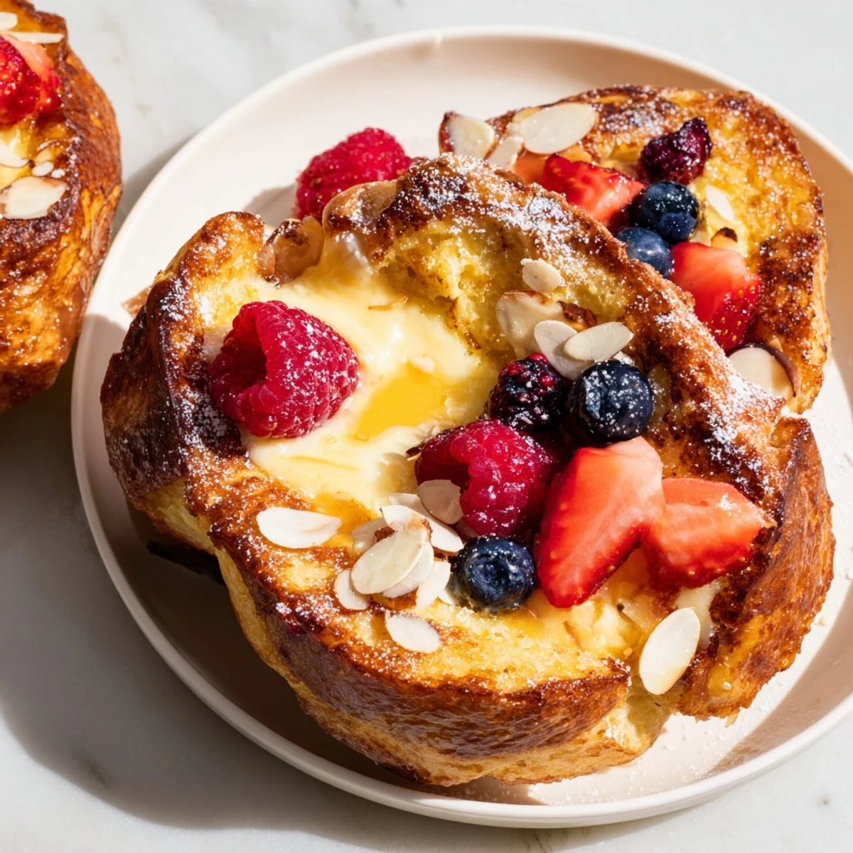 Golden-brown Custard Toast with glistening berries offers a wonderfully sweet breakfast.
