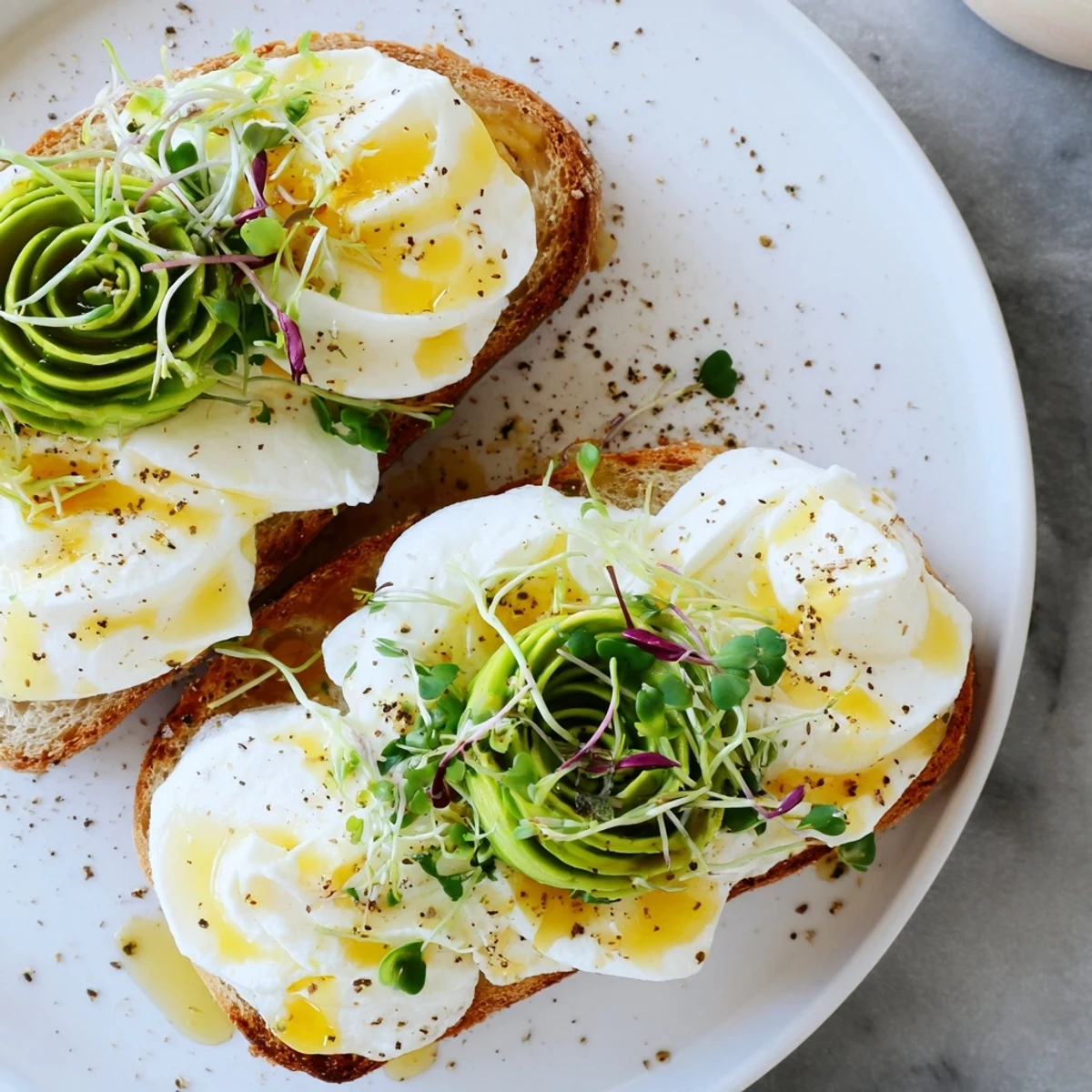 Fluffy Cloud Toast 2.0 with golden-baked egg whites and creamy avocado roses, ready to eat.
