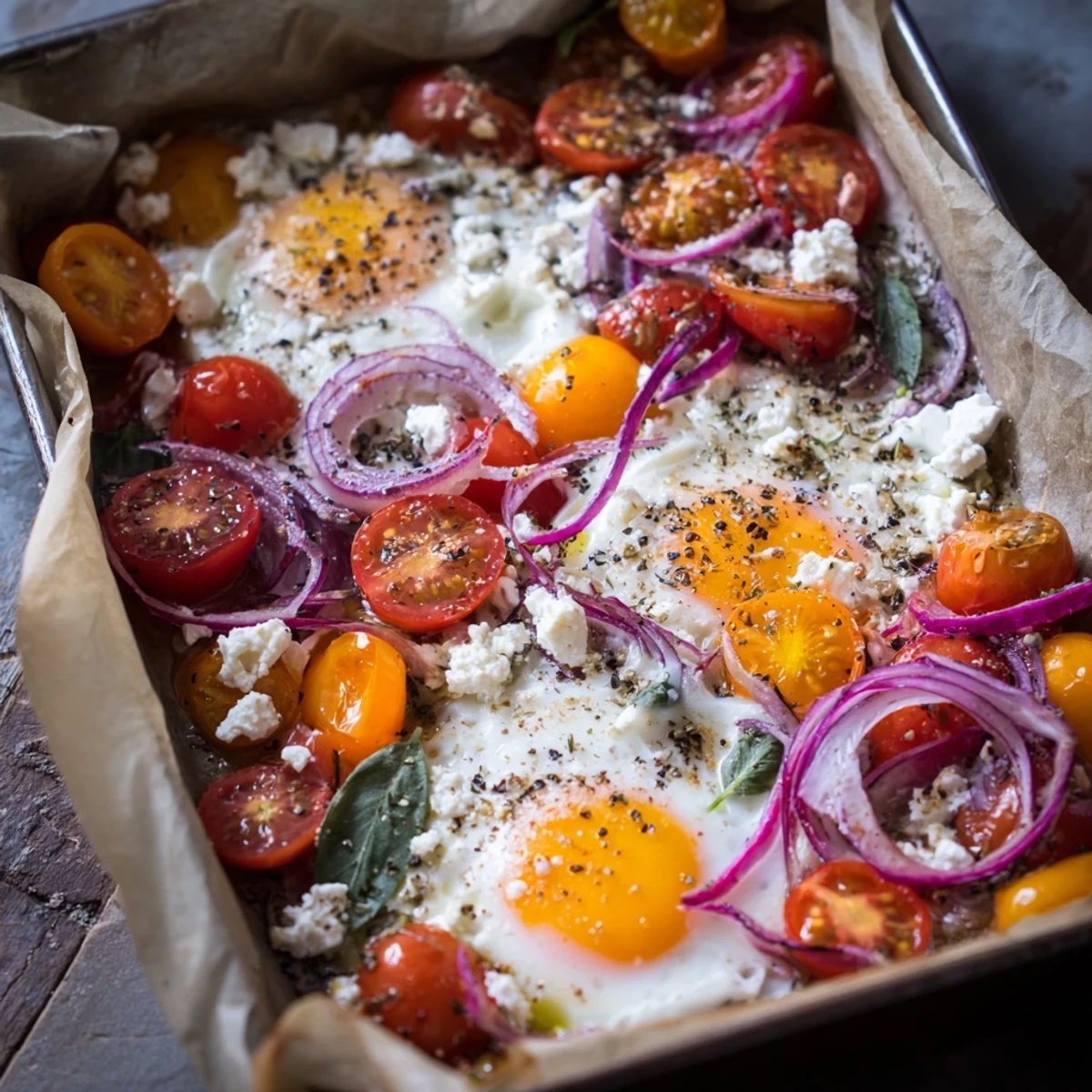 Vibrant Tomato Feta Baked Eggs: Baked eggs nestled in juicy tomatoes with creamy feta, ready to devour.