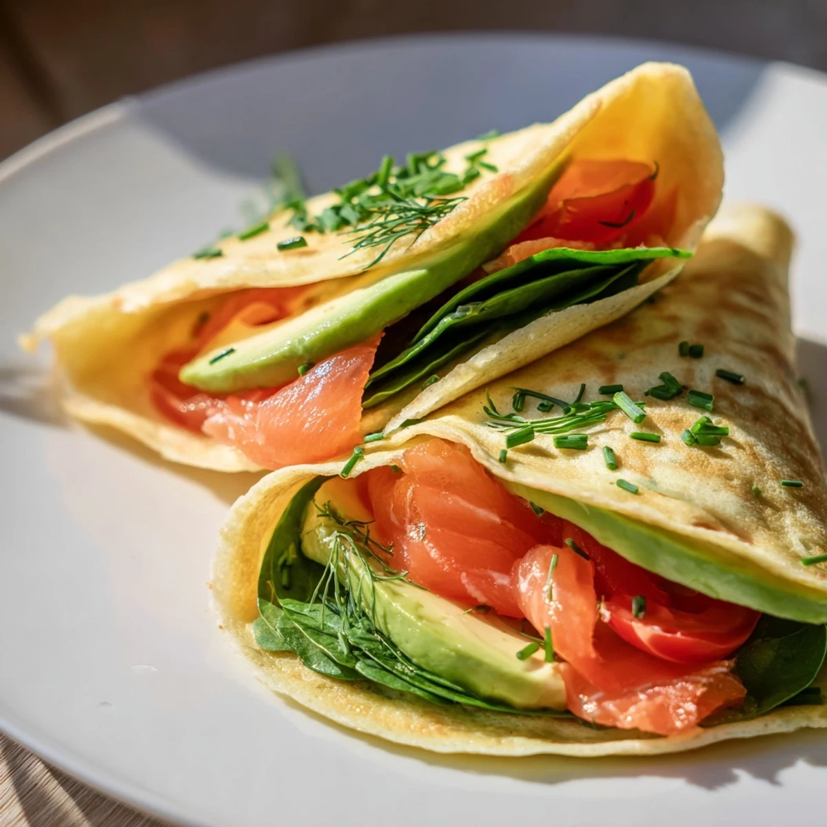 Golden-brown blender-egg crepe wraps filled with vibrant spinach, tomato, and creamy avocado, ready to eat.