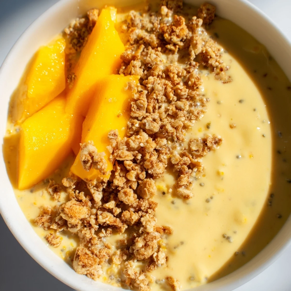 Tropical Mango Blended Overnight Oats are visually stunning with a bright yellow hue, perfect for breakfast.
