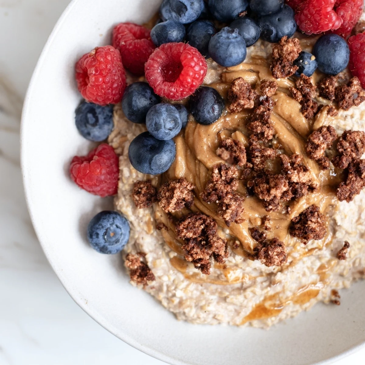 A close-up of gourmet overnight oats with granola, nut butter swirl, and fresh berries.