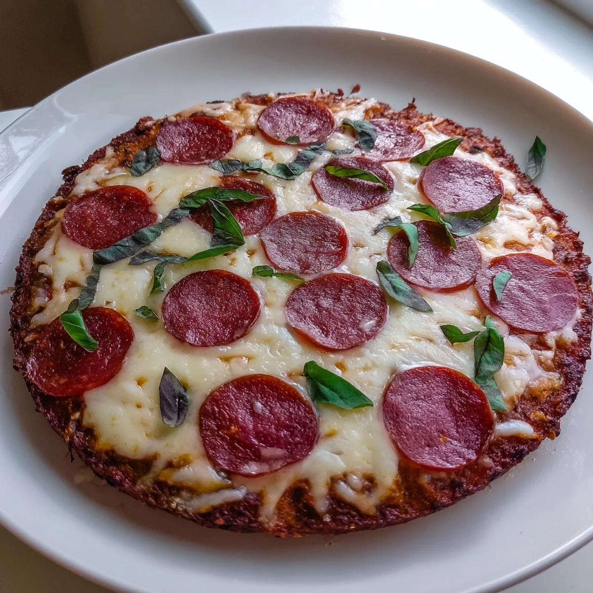 Golden, baked ground beef pizza base topped with melted cheese and crispy pepperoni slices.
