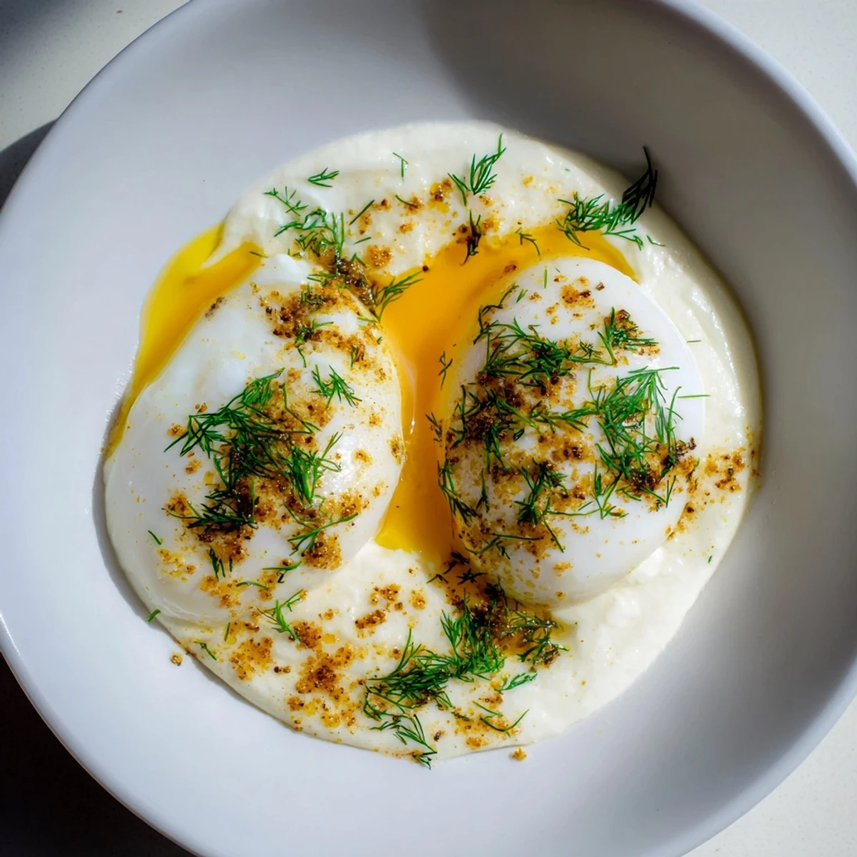 A delicious close-up of Cilbir, showcasing runny yolks, fluffy yogurt, and a sprinkle of herbs.