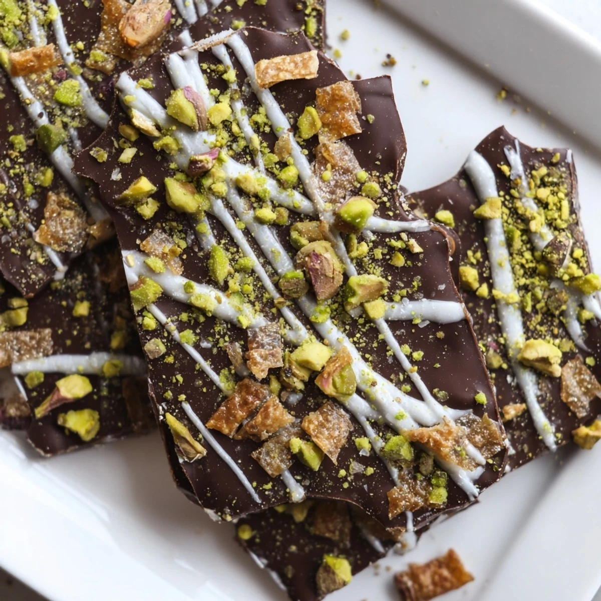 Rich, dark Pistachio Dubai Chocolate Bark topped with golden phyllo, a festive Middle Eastern dessert.