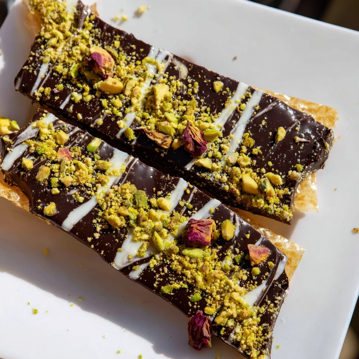 Homemade Pistachio Dubai Chocolate Bark, ready to break and enjoy, showcases layers of decadent flavor.