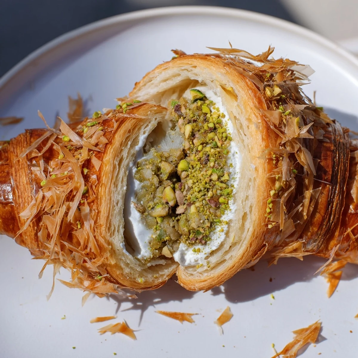 Golden, sugar-dusted Pistachio Cream Croissants, with a creamy pistachio filling and crispy phyllo topping.