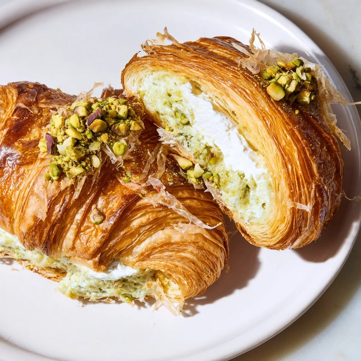 Homemade Pistachio Cream Croissants: a close-up with flaky layers, golden crust, and vibrant green filling.