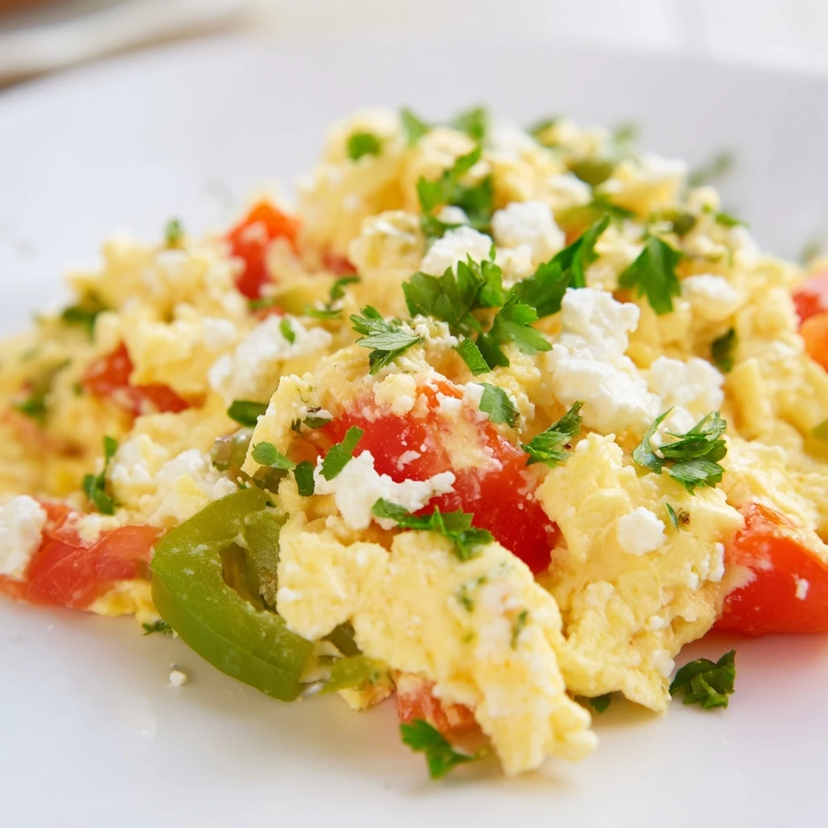Delicious Turkish Menemen scramble, a colorful medley of tomatoes, peppers, and eggs, ready to eat.