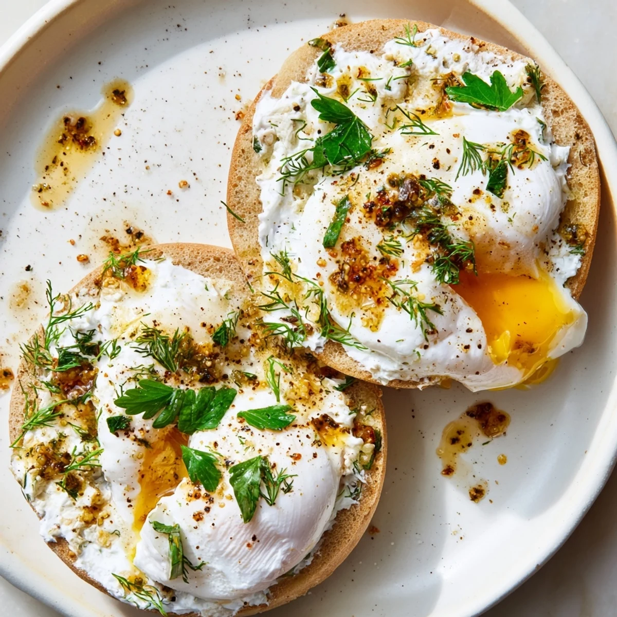 Vibrant Çılbır Eggs Benedict brunch: creamy yogurt base, poached eggs, and spiced butter, ready to savor.