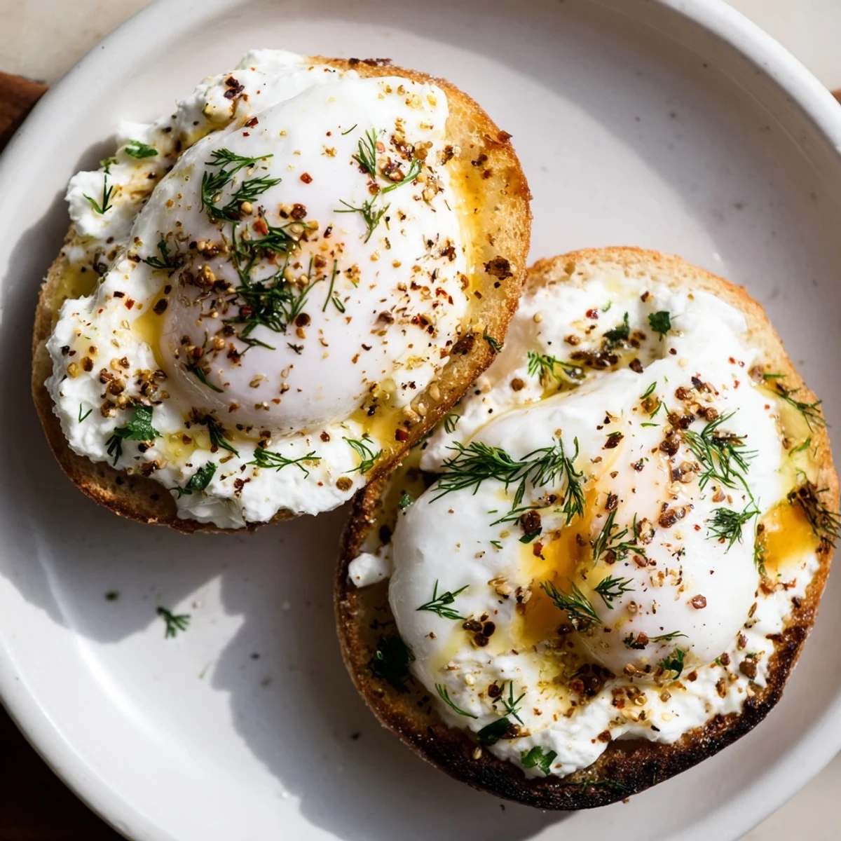 Golden-yolk Çılbır Eggs Benedict drizzled in spiced butter, balanced with fresh herbs, a flavorful breakfast dish.