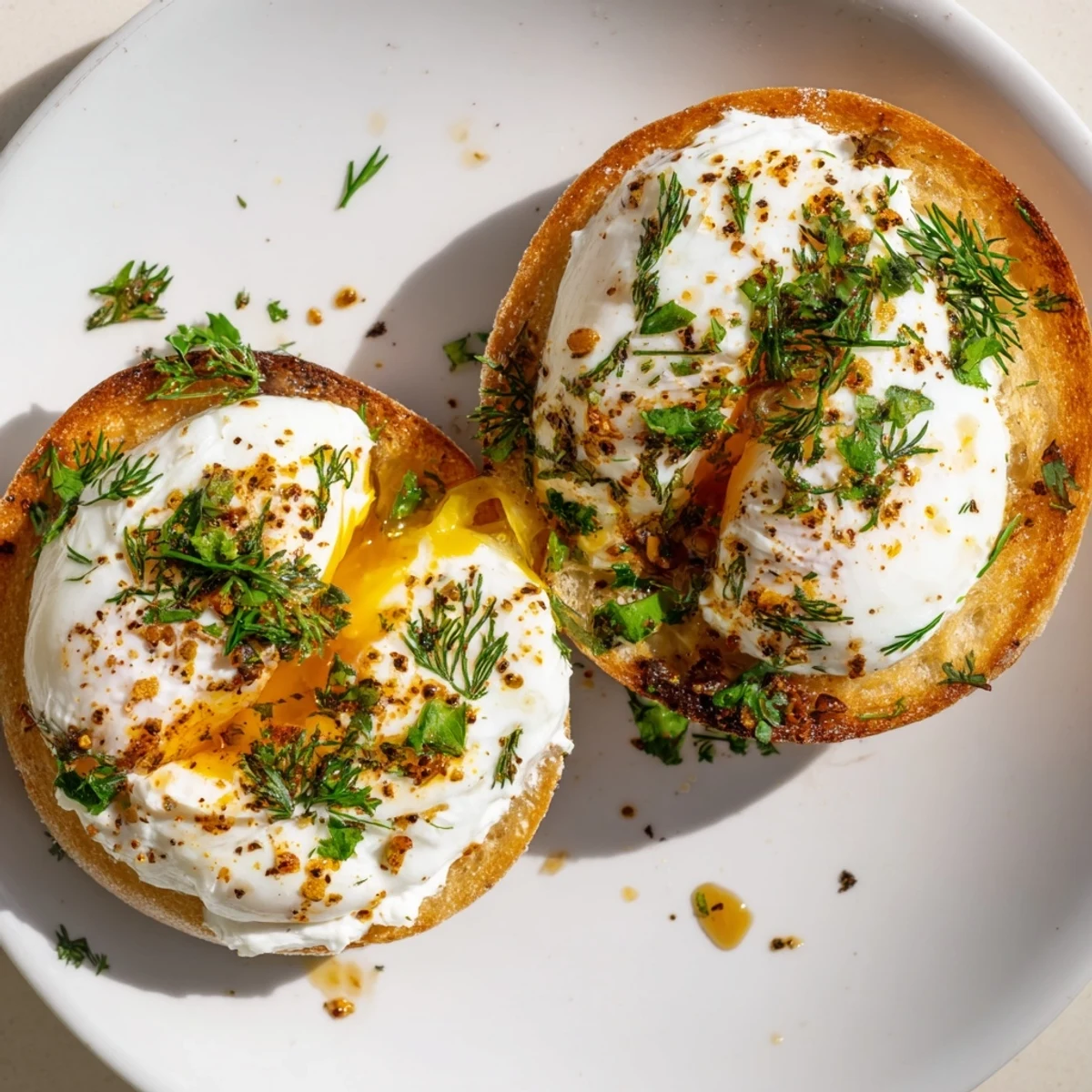 Beautifully plated Çılbır Eggs Benedict featuring perfectly poached eggs atop garlicky yogurt, with herb garnish.