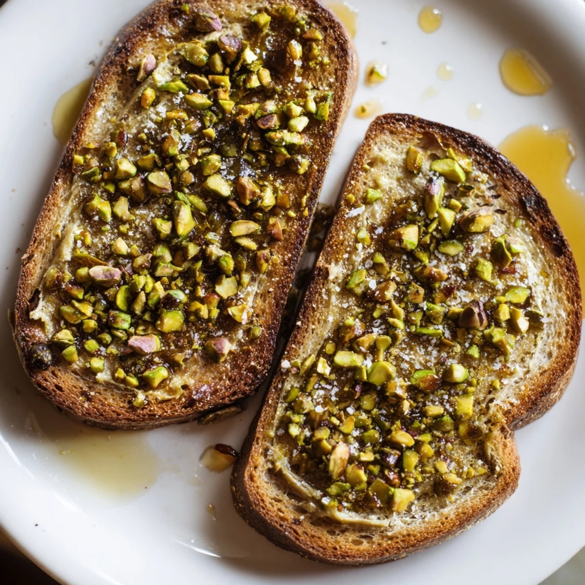 Golden-brown Pistachio Butter Toast topped with glistening honey and crunchy chopped pistachios.