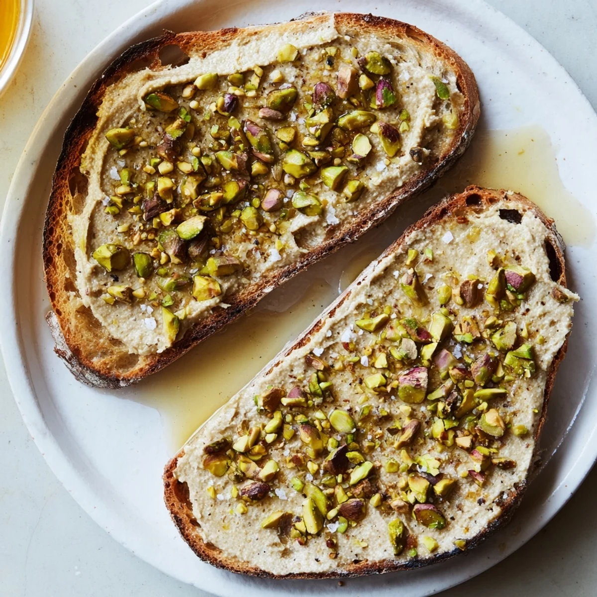 Close-up of freshly made Pistachio Butter Toast served, showcasing a luxurious, nutty flavor.