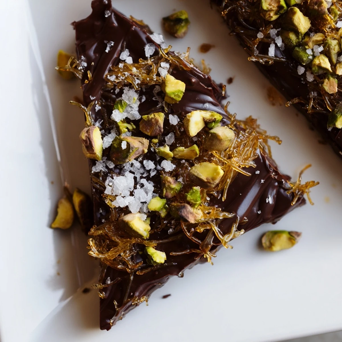Delicious Kataifi Chocolate Crunch Bark, a fusion dessert, showcases golden kataifi with a salt-dusted, chocolate bark.