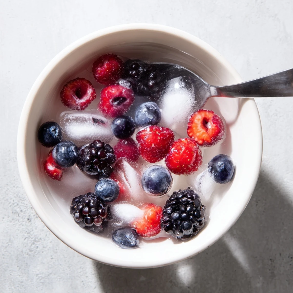 A close-up of Nature's Cereal Bowl with chilled coconut water poured over vibrant mixed berries and ice cubes.  
