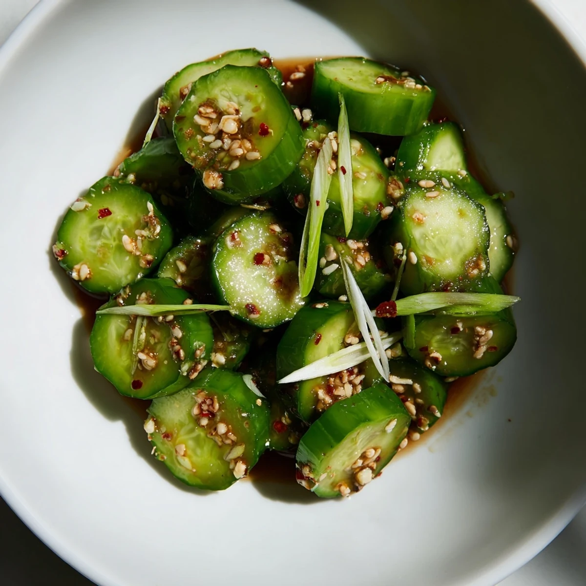 Shake Shake Garlic Cucumbers in a glass jar, featuring crisp sliced cucumbers, fresh minced garlic, and a glossy soy-sesame dressing with red chili flakes.