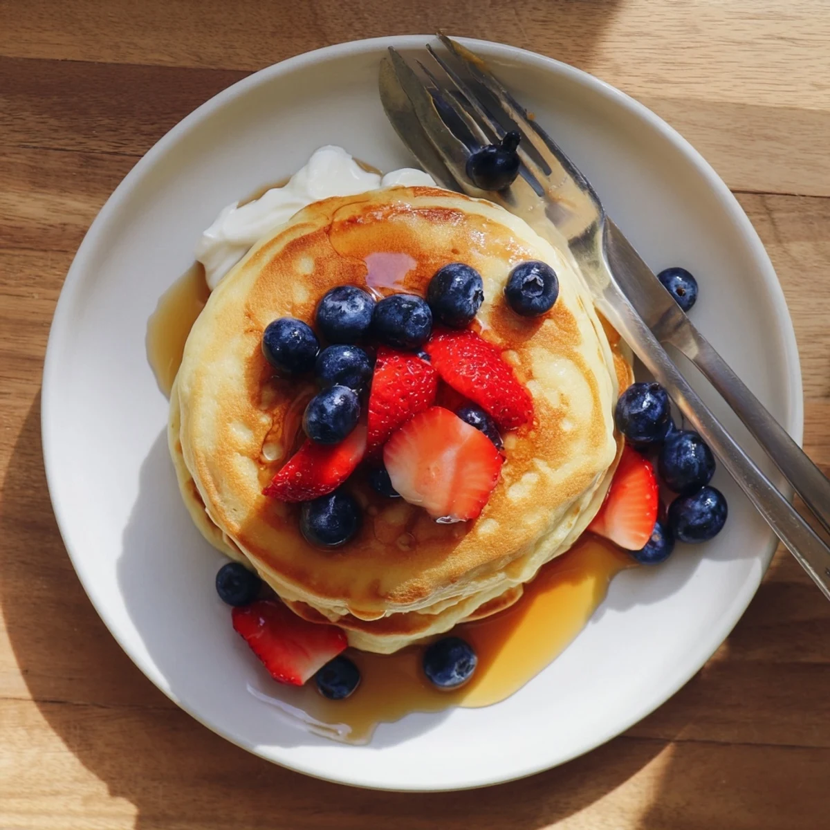 A close-up of golden-brown Cottage Cheese Pancakes stacked on a white plate, topped with fresh berries and a drizzle of maple syrup.  