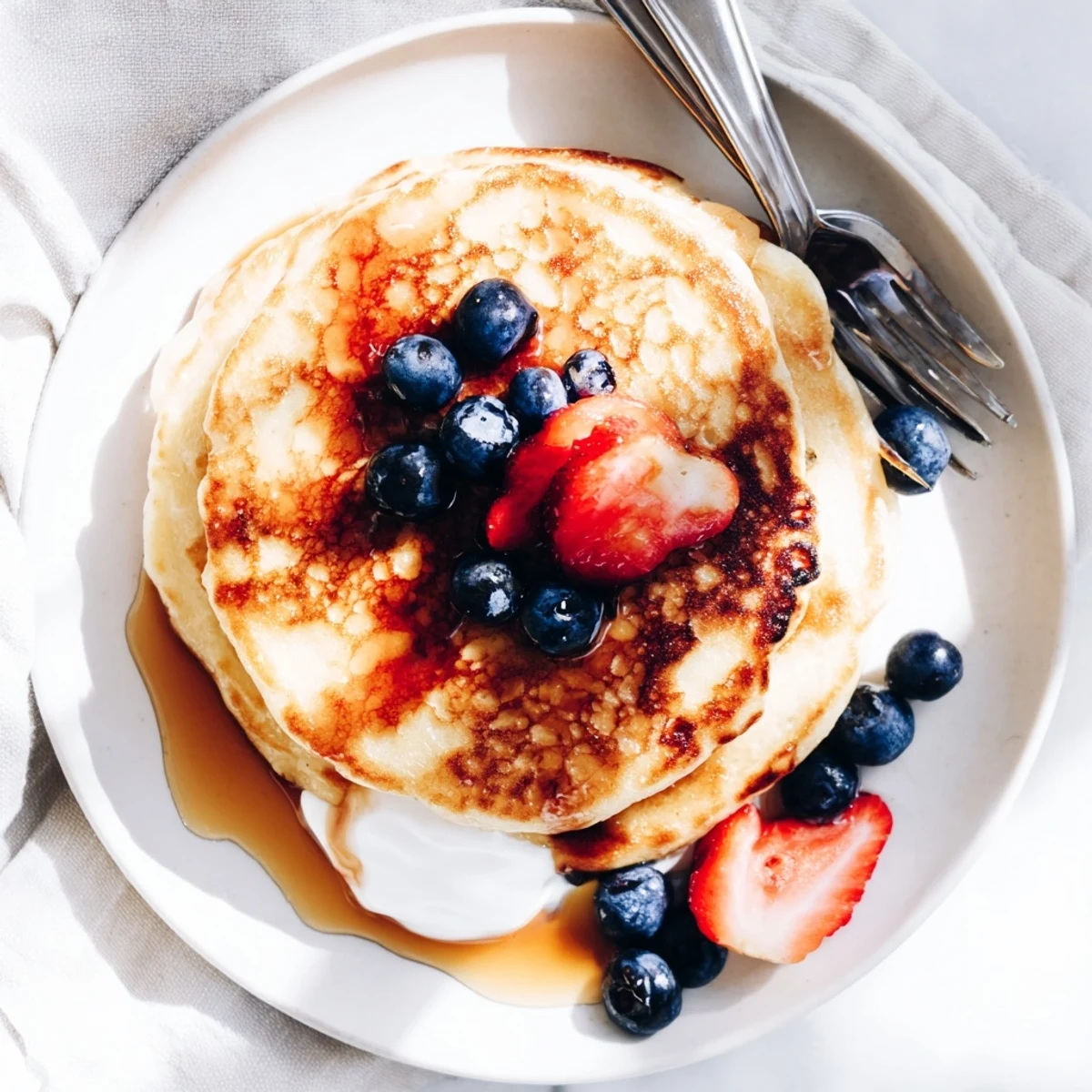Freshly cooked Cottage Cheese Pancakes in a skillet with a side of mixed berries, showcasing their soft, cake-like texture.