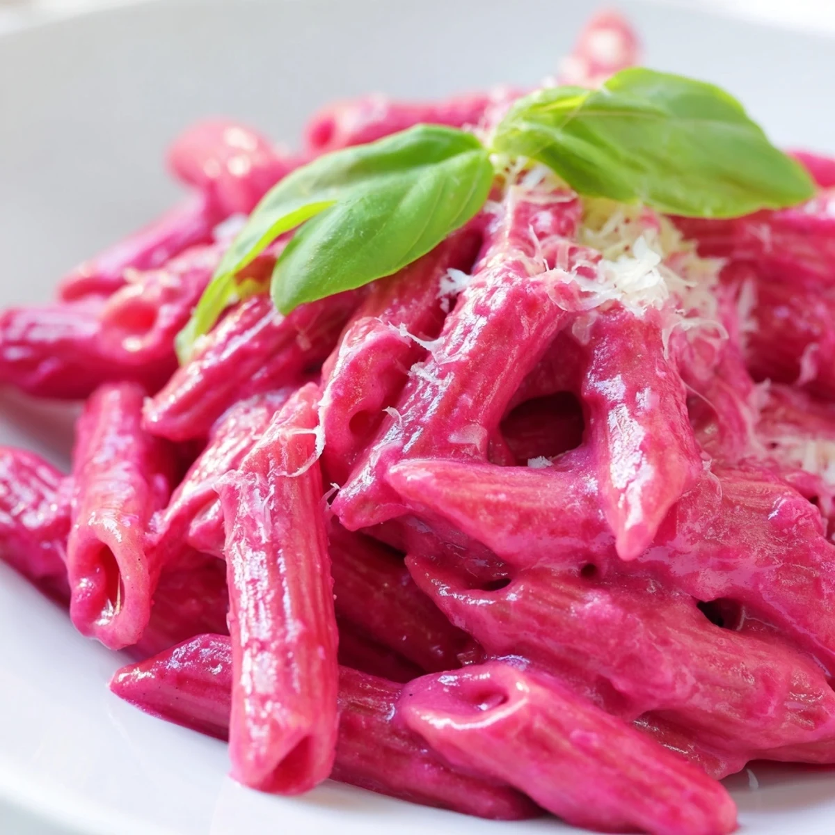 Silky beet cream sauce clings to penne, garnished with fresh basil for a vibrant Pink Pasta with Beet Cream.