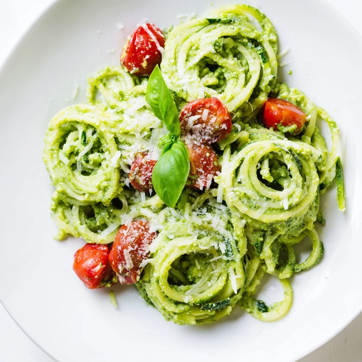 Freshly spiralized zucchini noodles coated in creamy avocado pesto and topped with juicy halved cherry tomatoes.